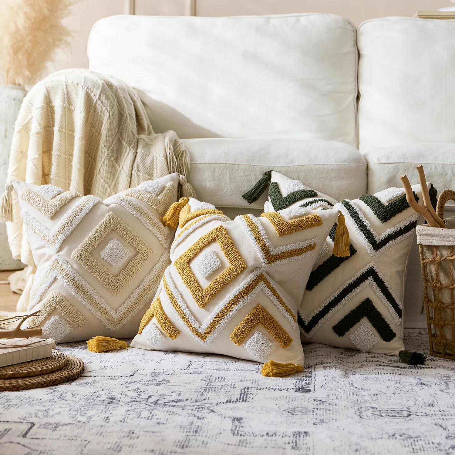 

Diamond Plaid Tufted Cushion Case Cotton Canvas Embroidered Tassels Couch Cushion Cover Morocco Decorative Pillow Covers Home