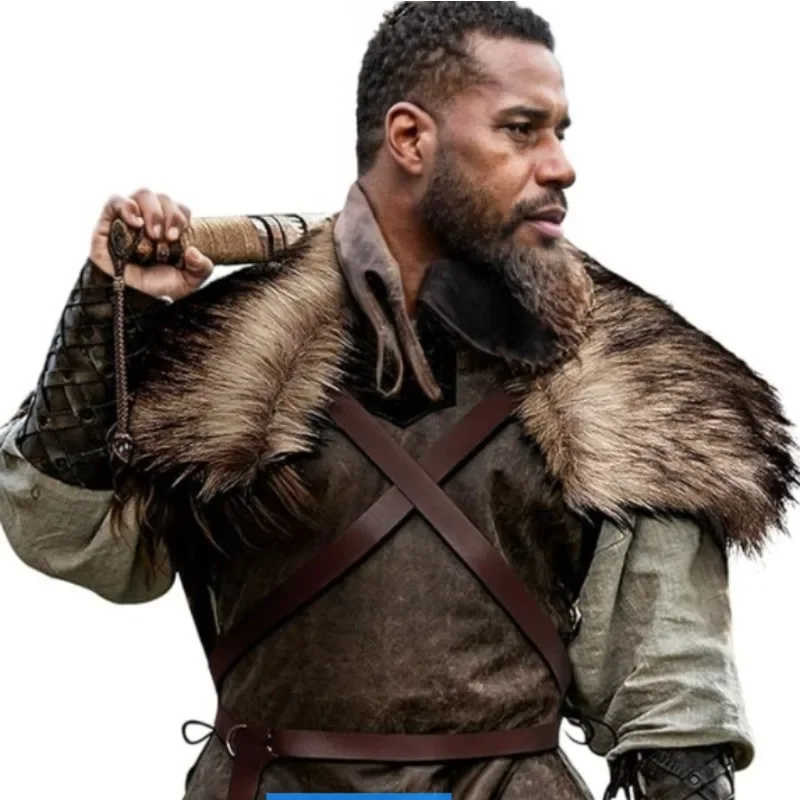 Cape en fausse fourrure pour homme, Cape d'épaule avec sangle de poitrine, col en fausse fourrure, Cape en fourrure Viking rétro, Costume de Cosplay d'halloween