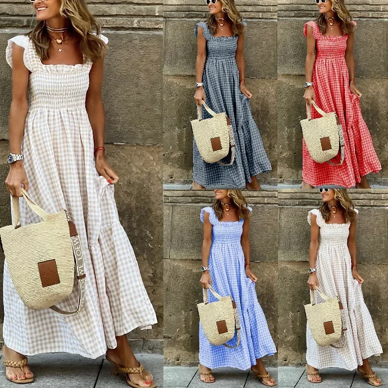 

Plaid Long Dress Women Summer Boho Sleeveless Beach A-line Dress Female Elegant Vintage Square Collar Pleated Maxi Dress Ladies