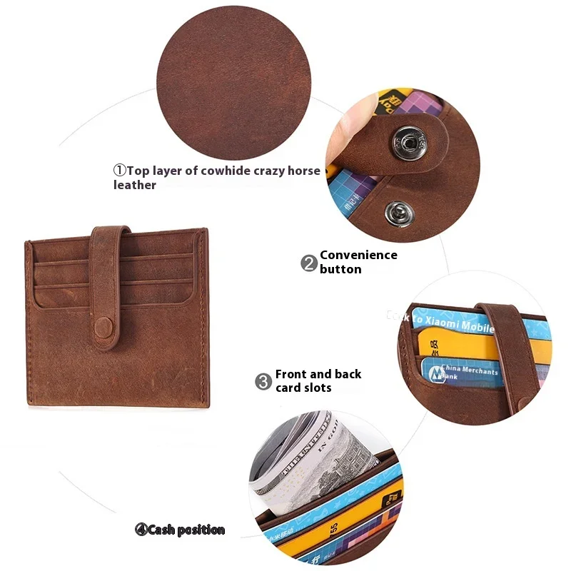 Men's Genuine Leather Wallet with Multiple Card Slots Horizontal Card Holder  Cowhide Hidden Button Portable Wallet