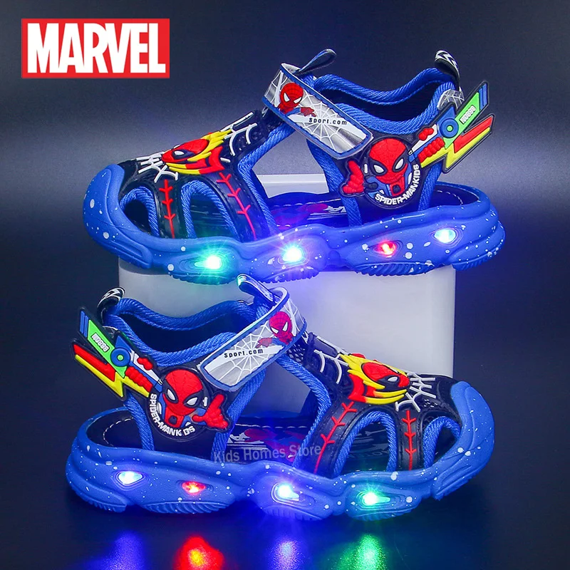 Disney Kids Spiderman Luminous Sandals Soft Non-slip Boys Beach Shoes Summer New LED Toddler Girl Shoes EU Size 22-37