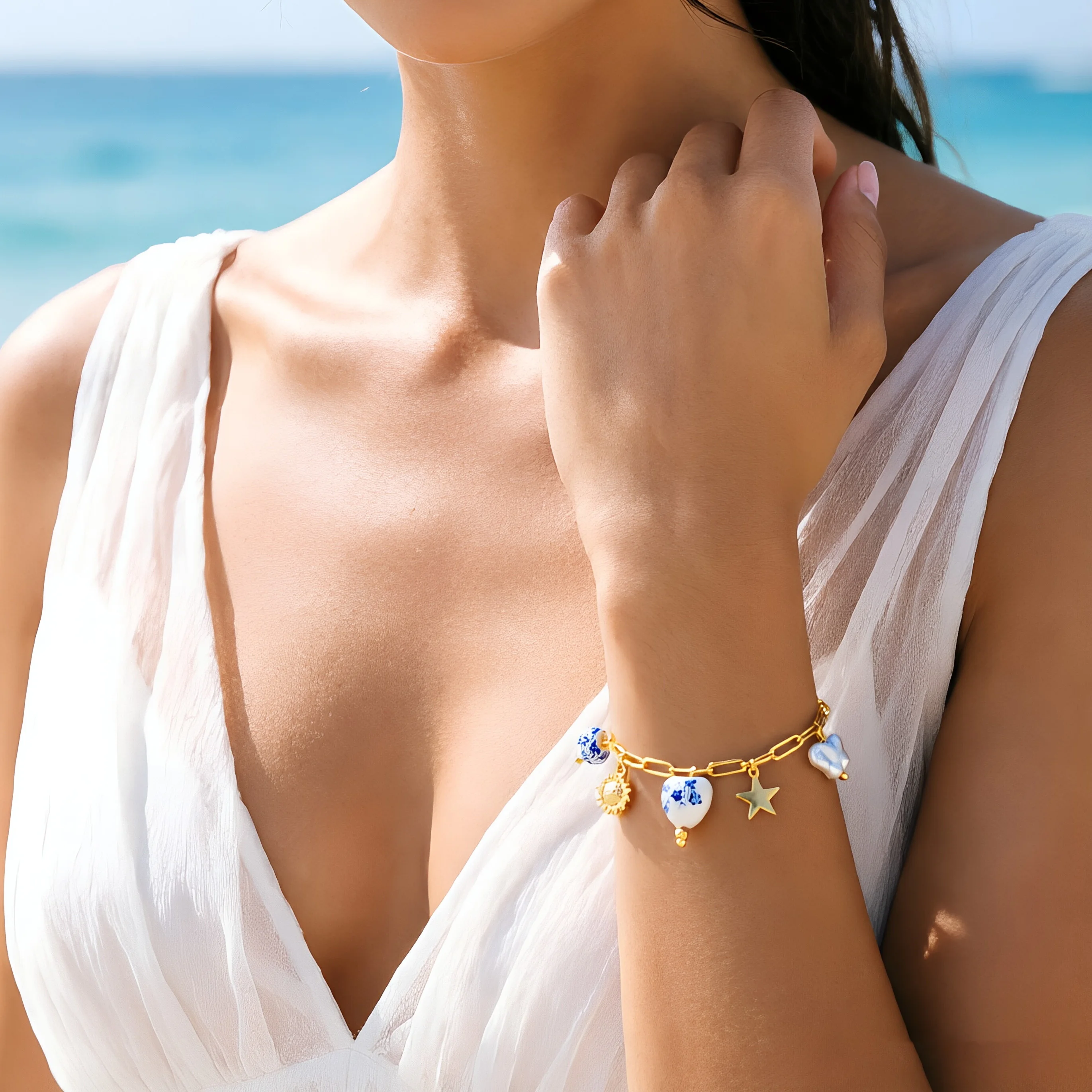 

Gold Plated Stainless Steel Ocean Bracelet for Women Blue Porcelain Ceramic Shell Starfish Charm Summer Beach Jewelry Gift