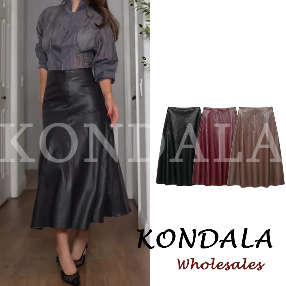 KONDALA Vintage PU Leather Skirt Fashion 2026 Autumn New High Waist Luxurious A-Line Long Skirt Streetwear Chic Female Skirt