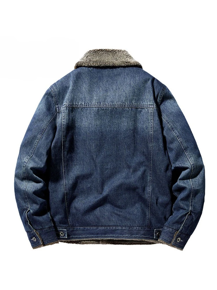 Thickened Fleece Lined Retro Denim Jacket Autumn Winter Warm Cotton Outerwear Large Size Collar up Cotton Clothes for Men