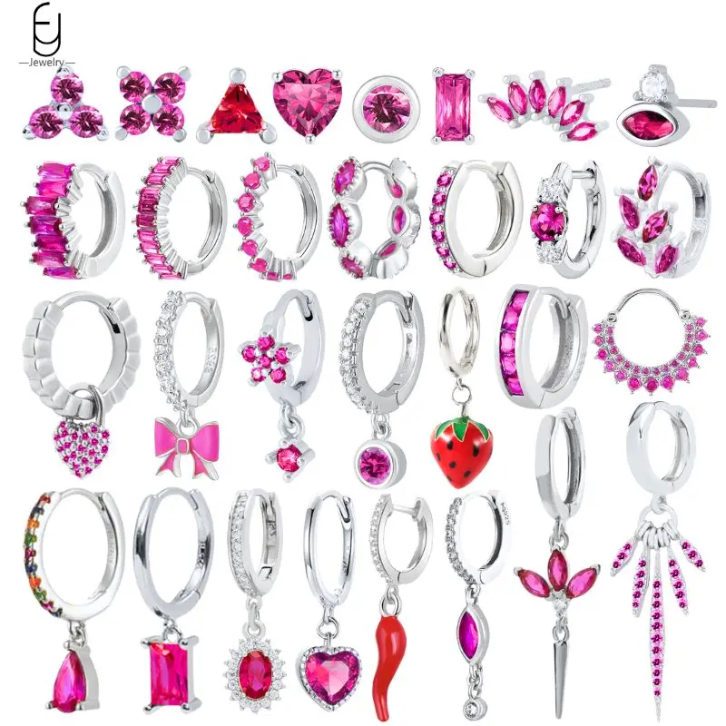 

925 Sterling Silver Needle Rose Red Silver Earrings Luxury Red Crystal Geometry Pendant Hoop Earrings For Women Fine Jewelry