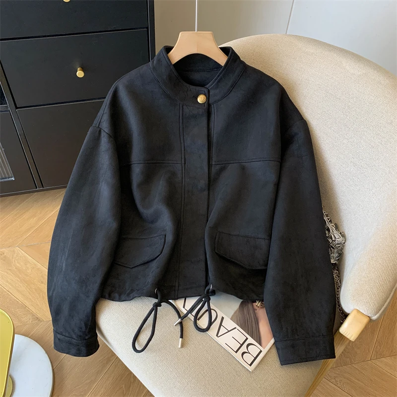 Women's Suede Jacket for Autumn Drop Shoulder Loose Casual Style with Drawstring Hem