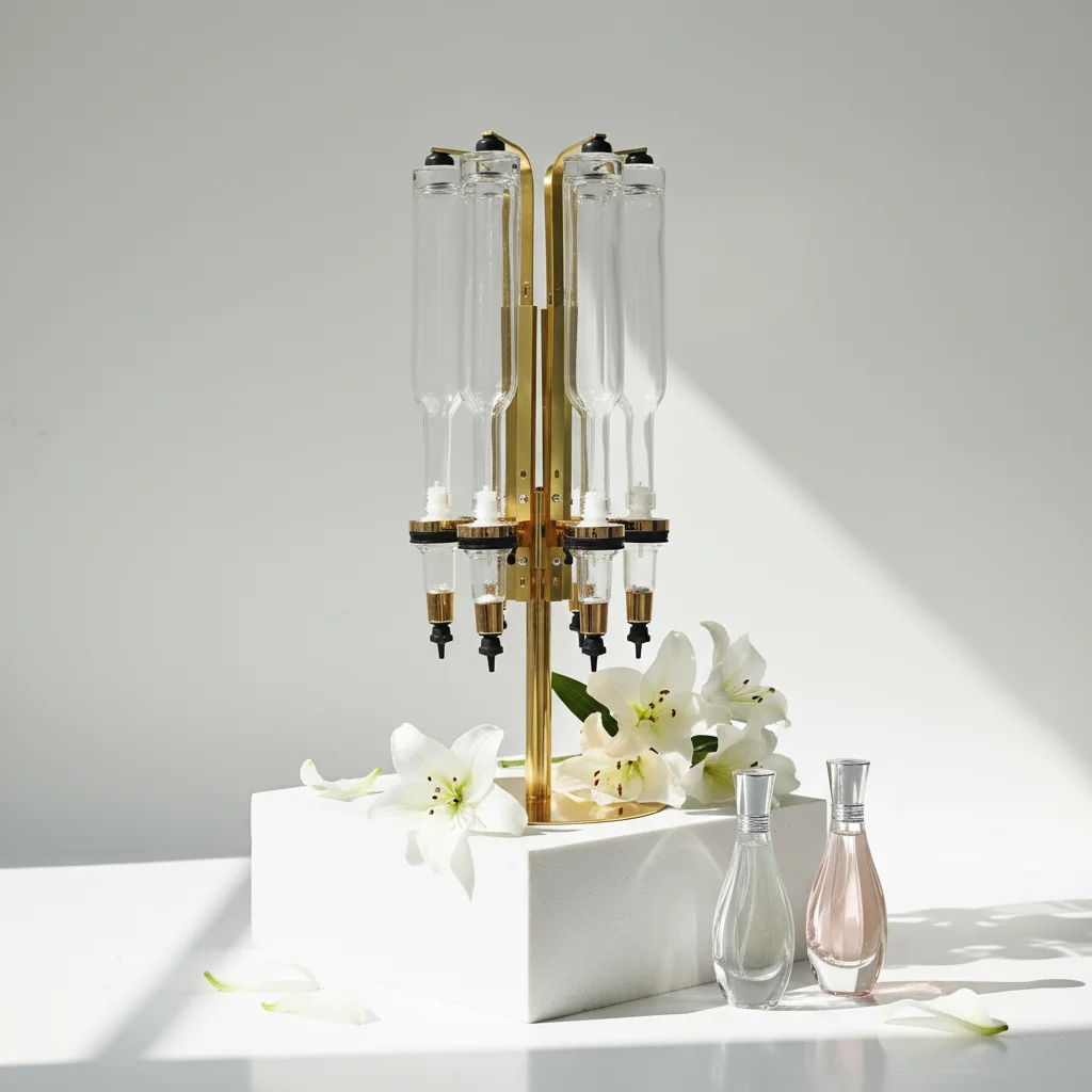6pcs 500ml Bottles Pe ume Golden Display ColognesRack with 6 Pump Distributor  Pe ume Dispenser  Pe ume Filling Machine
