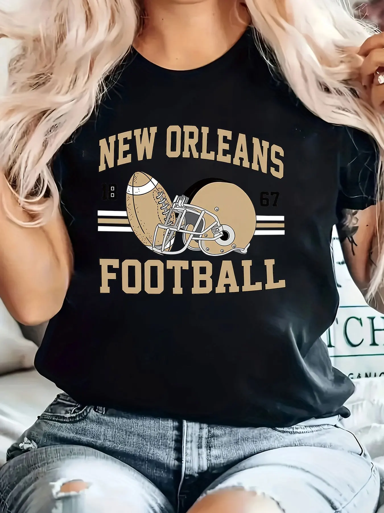 New Orleans Football Print T-Shirt, lässiges, kurzärmliges, bequemes T-Shirt mit Rundhalsausschnitt für Frühling und Sommer, Damenbekleidung