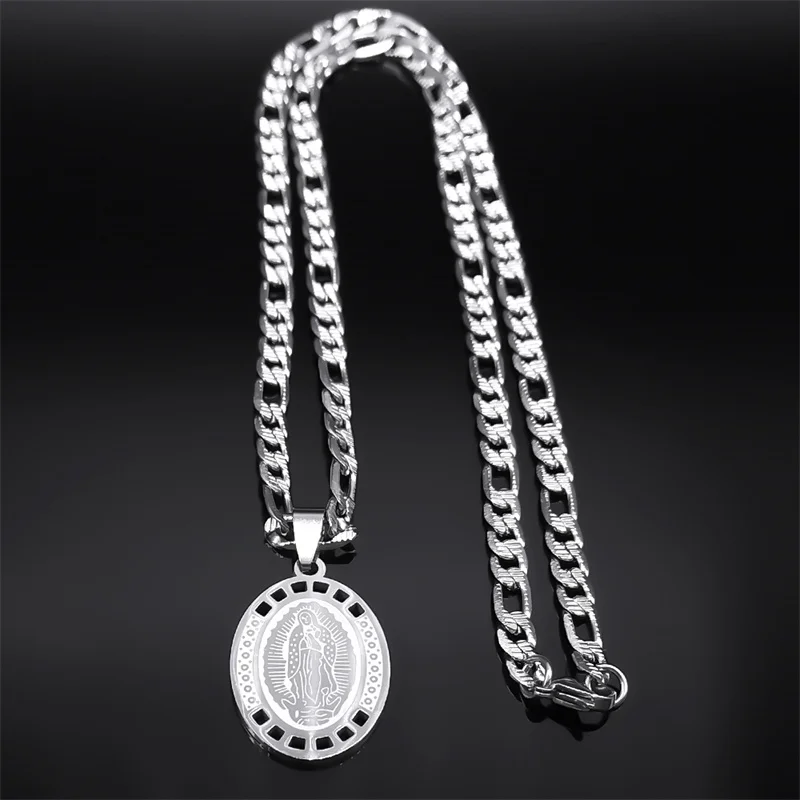 Virgin Mary Our Lady of Guadalupe Pendant Necklace for Men Stainless Steel Silver Color Catholicism Necklaces Jewelry Gifts