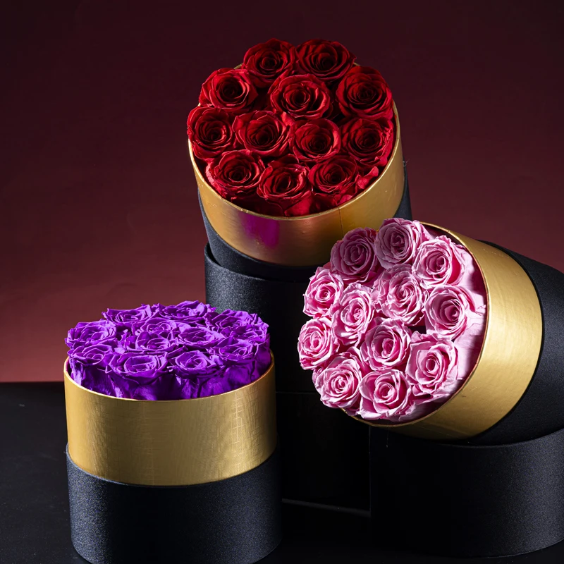 

12 Natural Eternal Roses with Gold Edge Round Hugging Bucket Gift Box, Home Decoration, Christmas Party, Valentine's Day Gift