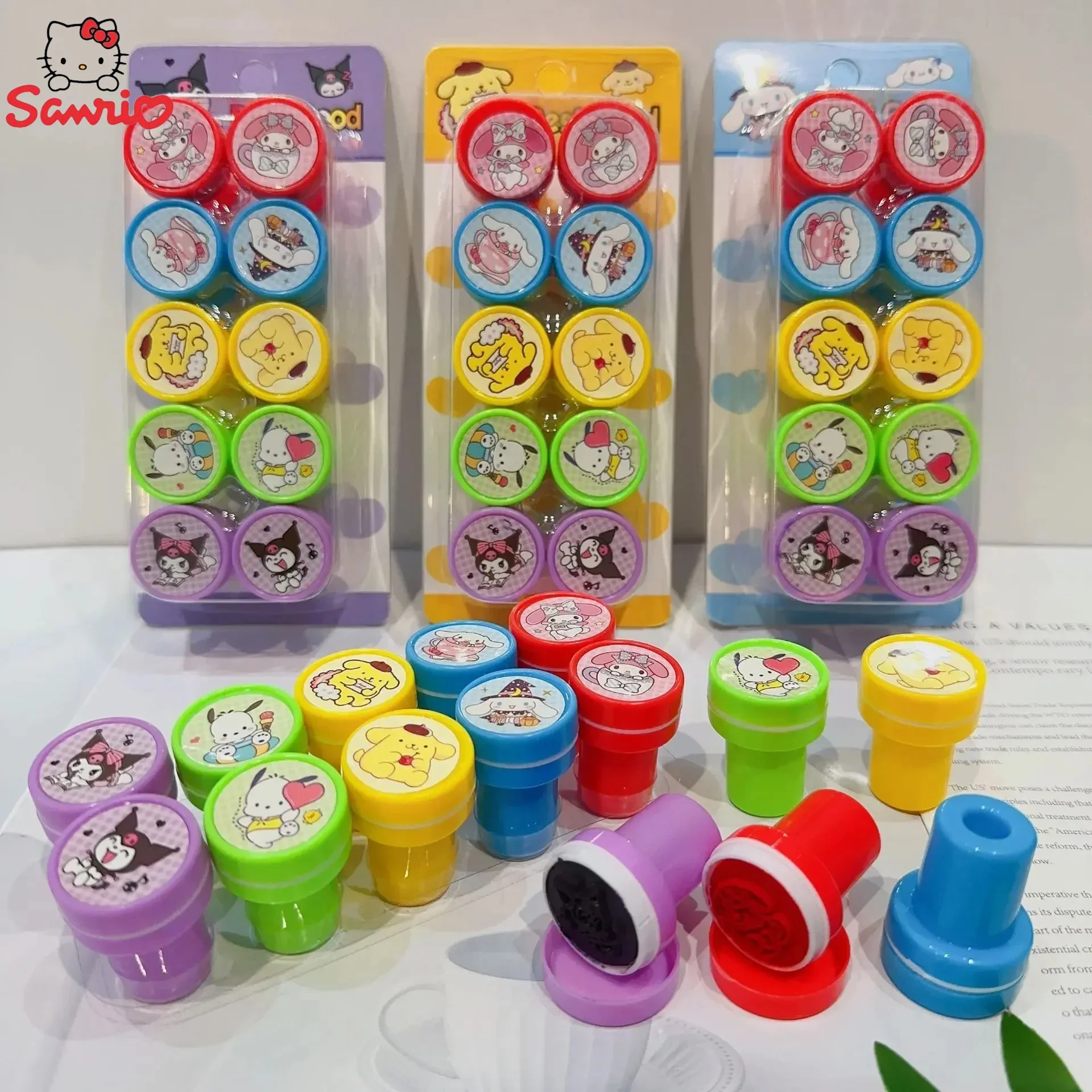 Anime 10 buah/set cap tinta sendiri Sanrio mainan anak-anak cap Album foto lukisan Diy segel wajah elastis Melody Hello Kitty Kuromi