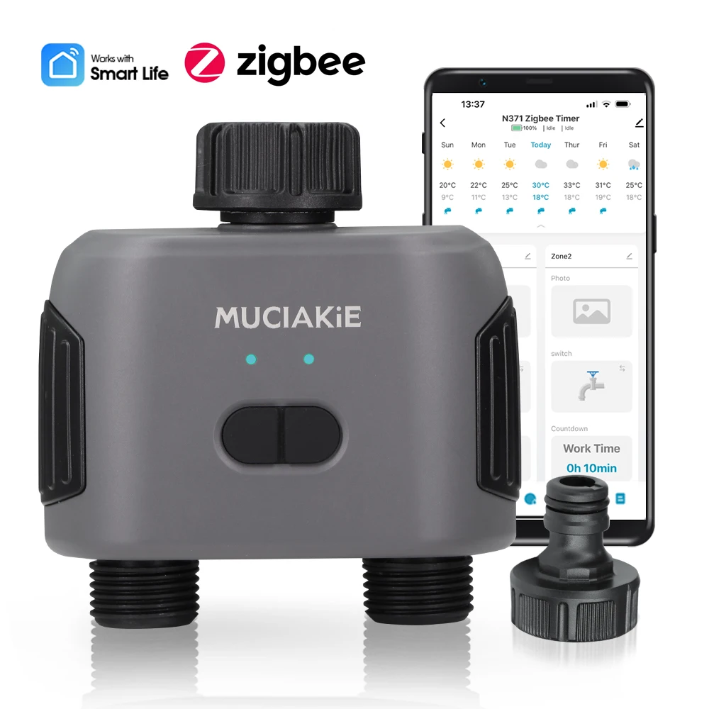 (N371) Zigbee Outdoor Faucet Timer with Rain Delay & App Scheduling Dual-Zone Irrigation Controller for Garden Lawn (NO Gateway)