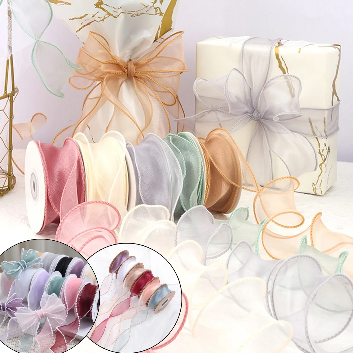 9M Sheer Wired Organza Ribbons with Golden Edge Chiffon Ribbon Wrapping Gift Box Wedding Bridal Bouquet Christmas Decoration