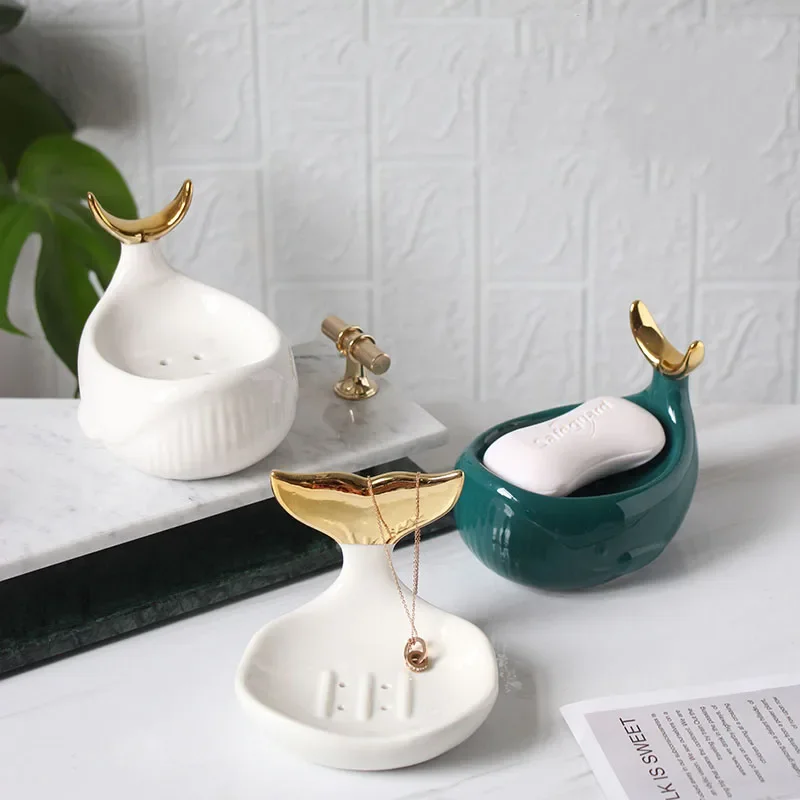 

European Creative Fishtail Household Ceramic Soap Dish Cartoon Cute Toilet Soap Dish Drain Soap Dish Hotel Bathroom Decoration