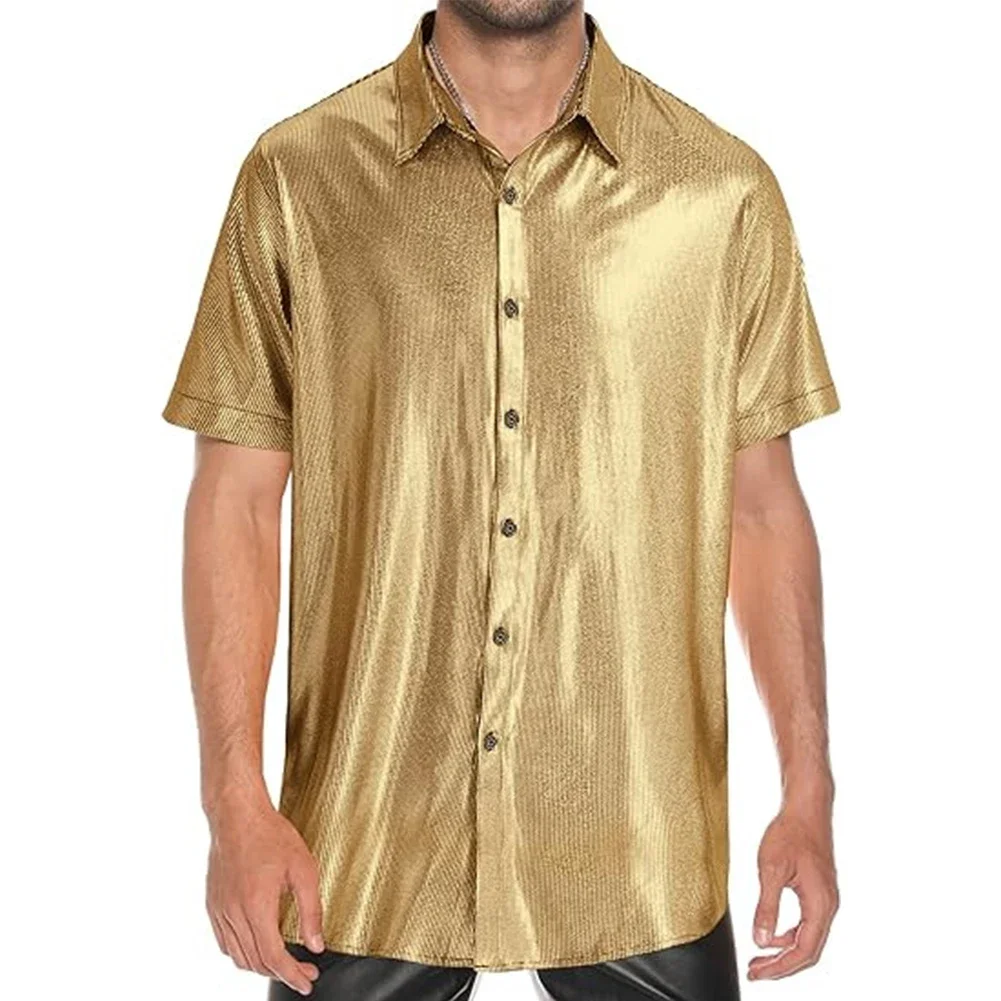 

Men Shiny Classic Lapel Oily Shiny Shirts Short Sleeve Casual Blouse Soft Solid Color Button Down Comfortable Top 70s Disco Tee