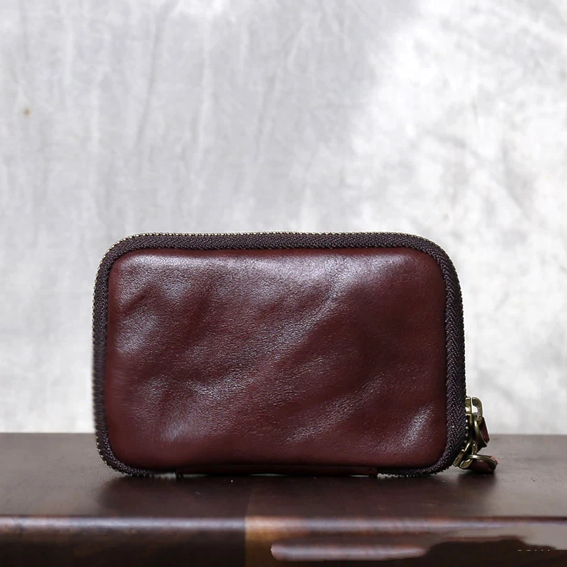 YETTIES Vintage Leather Zip Pouch, Hand-Pulled Grain Top Grain Cowhide Organizer for Keys, Cards, Coins & ID, Retro Small Bag