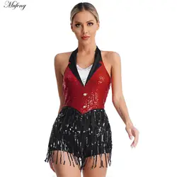 Womens Girl Latin Jazz Dance Performance Costume Backless Boyshorts Sequin Tassel Tango Cha-Cha Samba Hip Hop Ballet Dance Dress