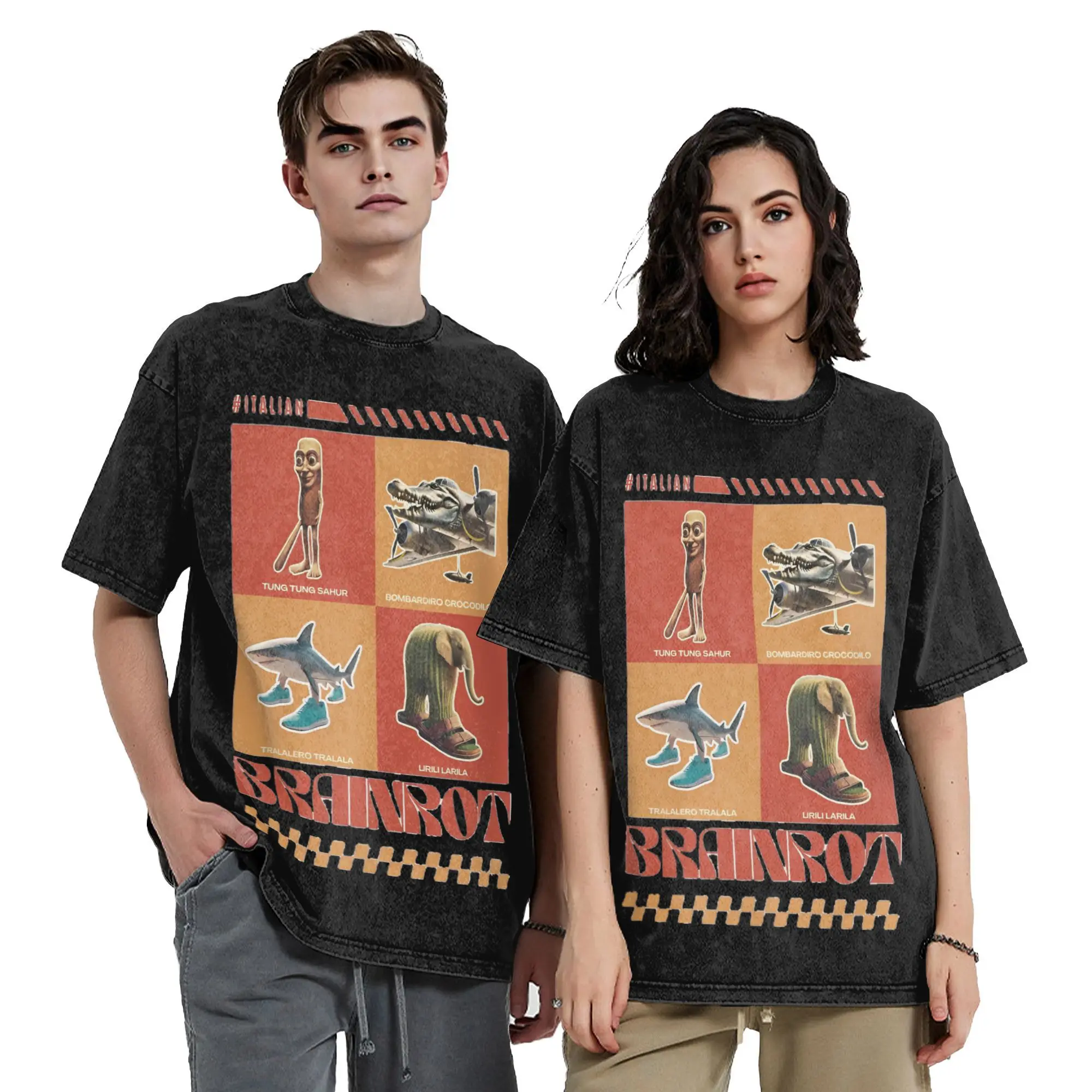 

Funny Tung Tung Tung Sahur Vintage Washed T Shirt Men Cotton Short Sleeve Italian Brainrot Meme Round Neck Summer TopsTops