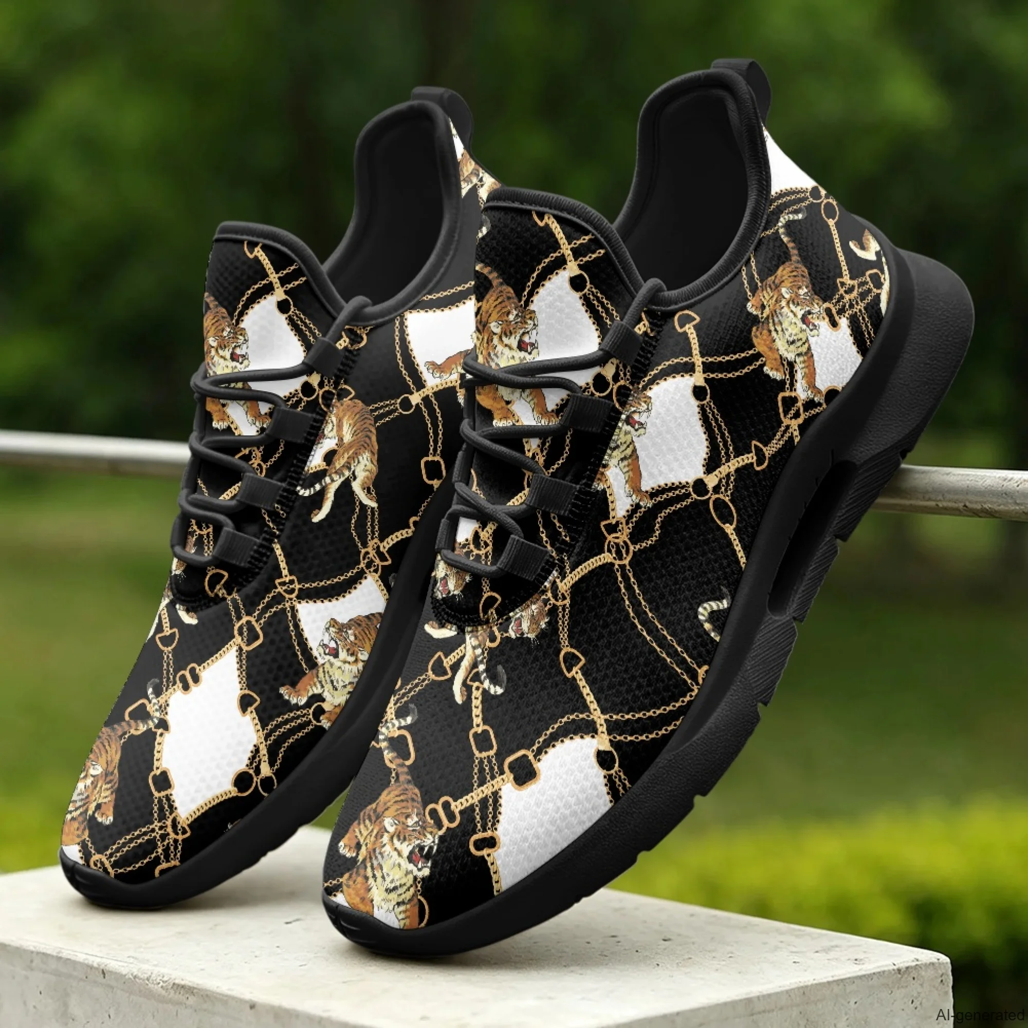 XIXIRIMIDO Lace-up Casual Shoes Men's Sneakers Breathable Mesh Walking Shoes Tiger Chain Print Women's Fashion Shoes 35-48