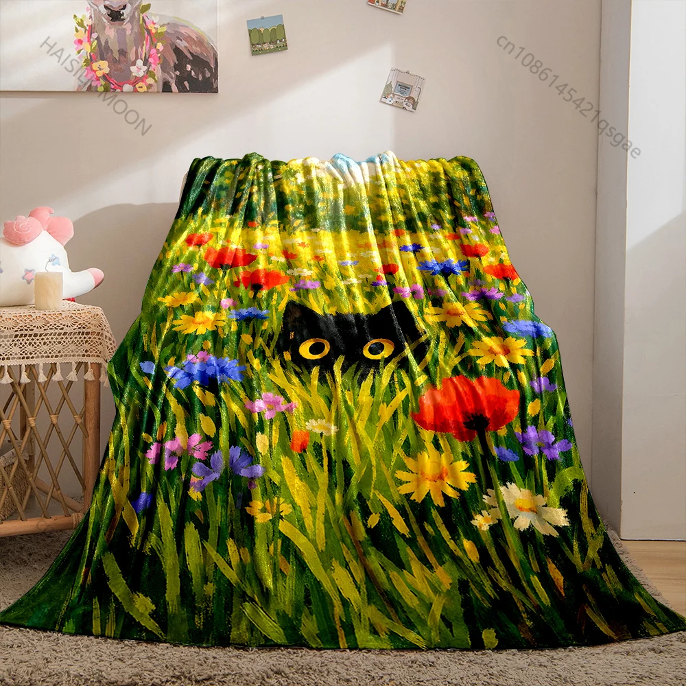 Black cat hiding in wildflower meadow Print Blanket Warm Soft Fluffy Kids and Adult Sofa Bed Throw Outdoor Travel Camping RV