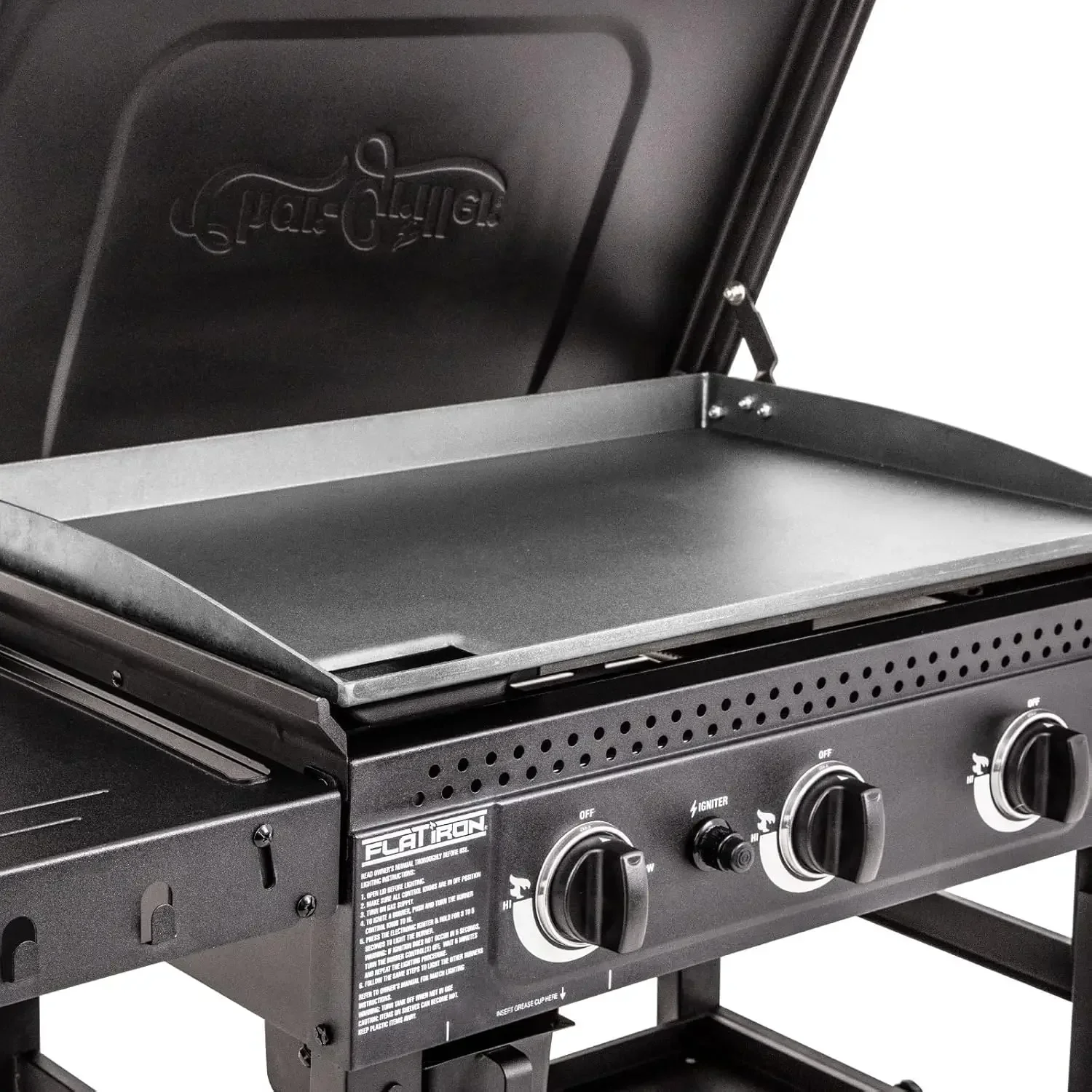 Flat Iron 3-Burner Propane Gas Flat-Top Griddle with Steel Griddle Top, Hinged Lid and Wind Guards