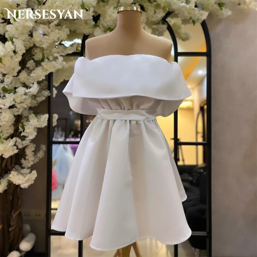 Nersesyan Simple Solid Wedding Dresses A-Line Off Shoulder Backless Sleeveless Bridal Gowns Draped Mini Satin Bride Dress 2024