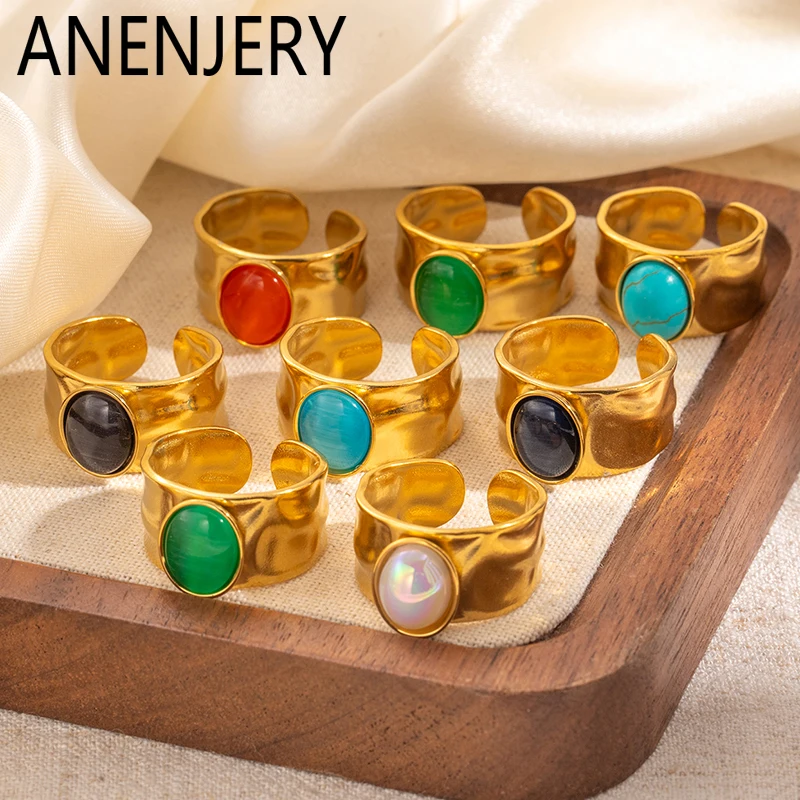 ANENJERY 316L Stainless Steel Colorful Stone Wide Smooth Open Ring for Women Men Elegant Noble Jewelry Gifts Wholesale