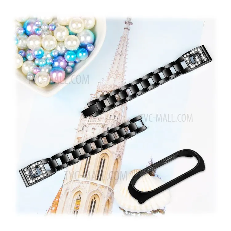 

G-shaped Rhinestone Decor Stainless Steel Smart Watch Band Strap Replacement for Xiaomi Mi Smart Band 4 / Mi Band 3 - Black
