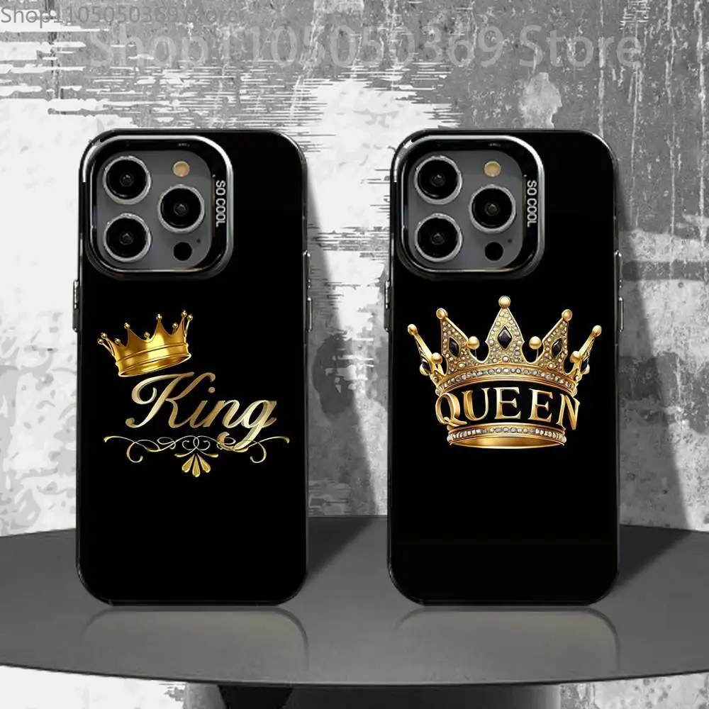 

KING Queen Crown Letter Phone Case For iPhone 16,15,14,13,12,11,Pro,XS,Max,Plus,Mini,SE4,E Black Matte Shockproof Cover