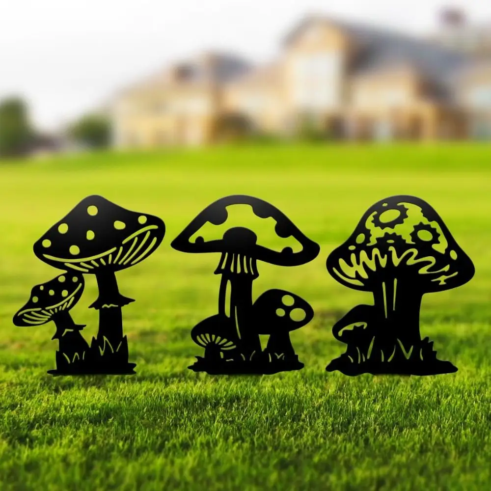 

3 PCS New Hollow Out Garden Mushroom Decorations Metal Cute Iron Art Decor Black Silhouette Gardening Ornaments