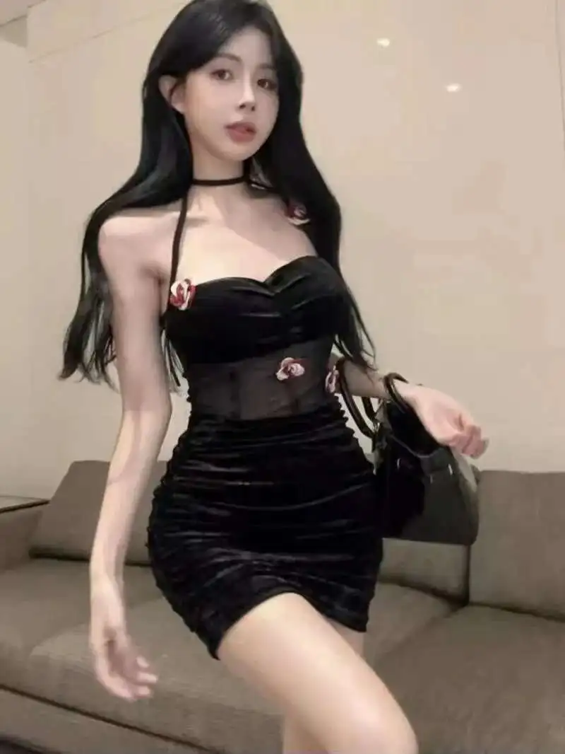 Sexy Mode Neue Eng Anliegende Liebsten 3D Blume Design Samt Kleid Elegante Mesh Spitze Sheer Süße Tank Mini Kleid Tops U0PD