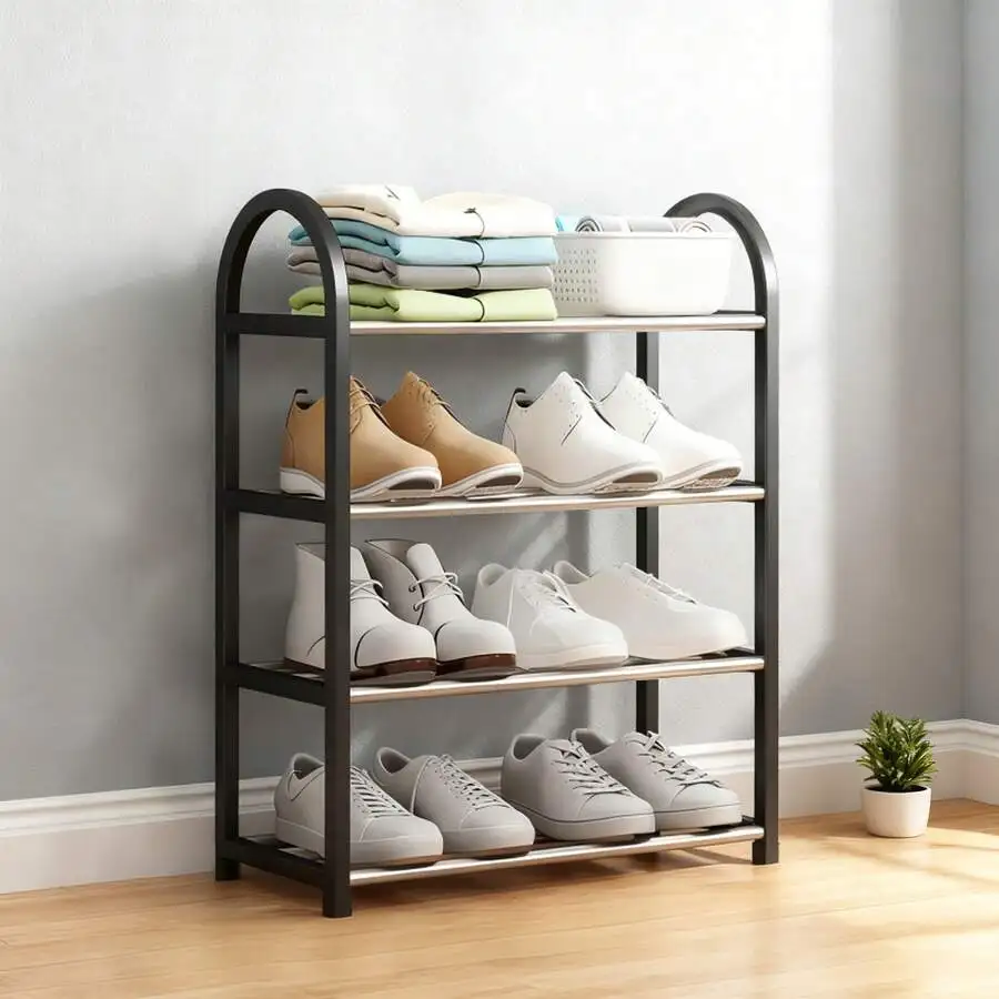 White Four Layer Shoe Rack Storage Cabinet, Suitable For Wardrobes, Made Of Stainless Steel Material. Dedicated For The Front En