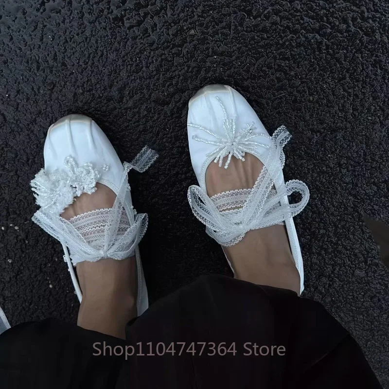 Design Fashion Silk Mary Jane Shoes Women's Ballet Flats Spring 2026 Shallow Mouth White Dance Casual Leather Shoes Female