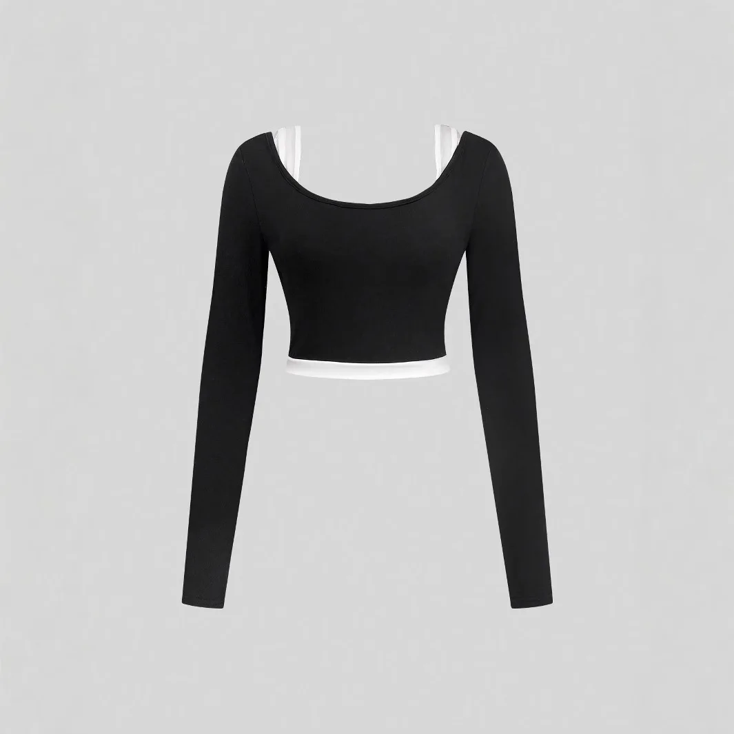 Autumn New Fashion Patchwork T-Shirts Y2k Clothes Women Two Piece Sets Contrasting Long Sleeve Tops and Camisole