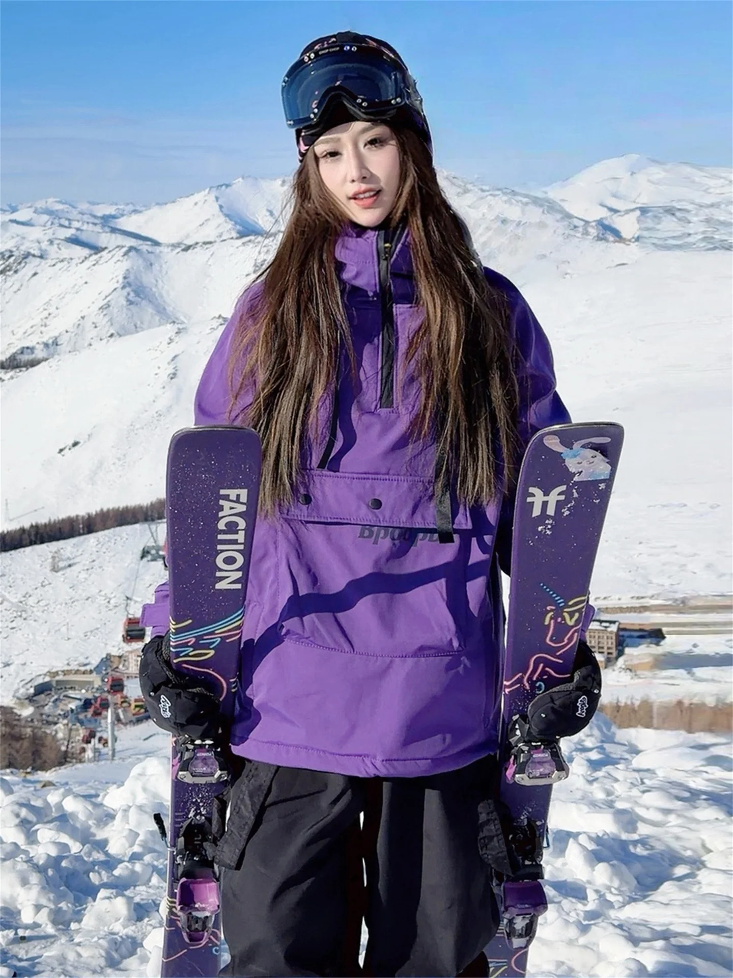 

Фиолетовый лыжный костюм с флисовой подкладкой для мужчин и женщин, профессиональный водонепроницаемый зимний спортивный комплект с длинными рукавами и длинными брюками для подростков