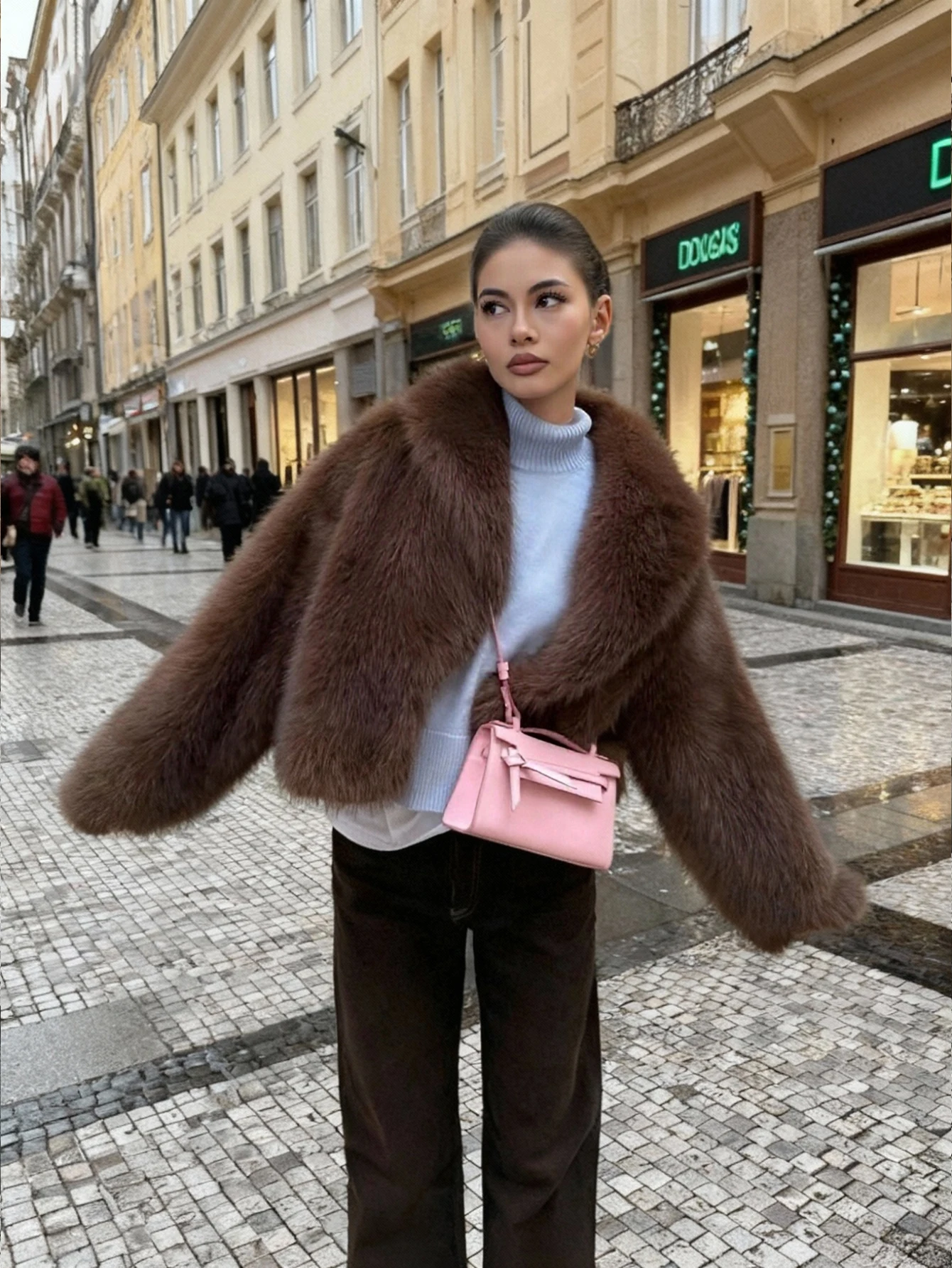 

Women's Faux Fur Short Bomber Jacket, Loose Fit Casual Coat for Winter Streetwear