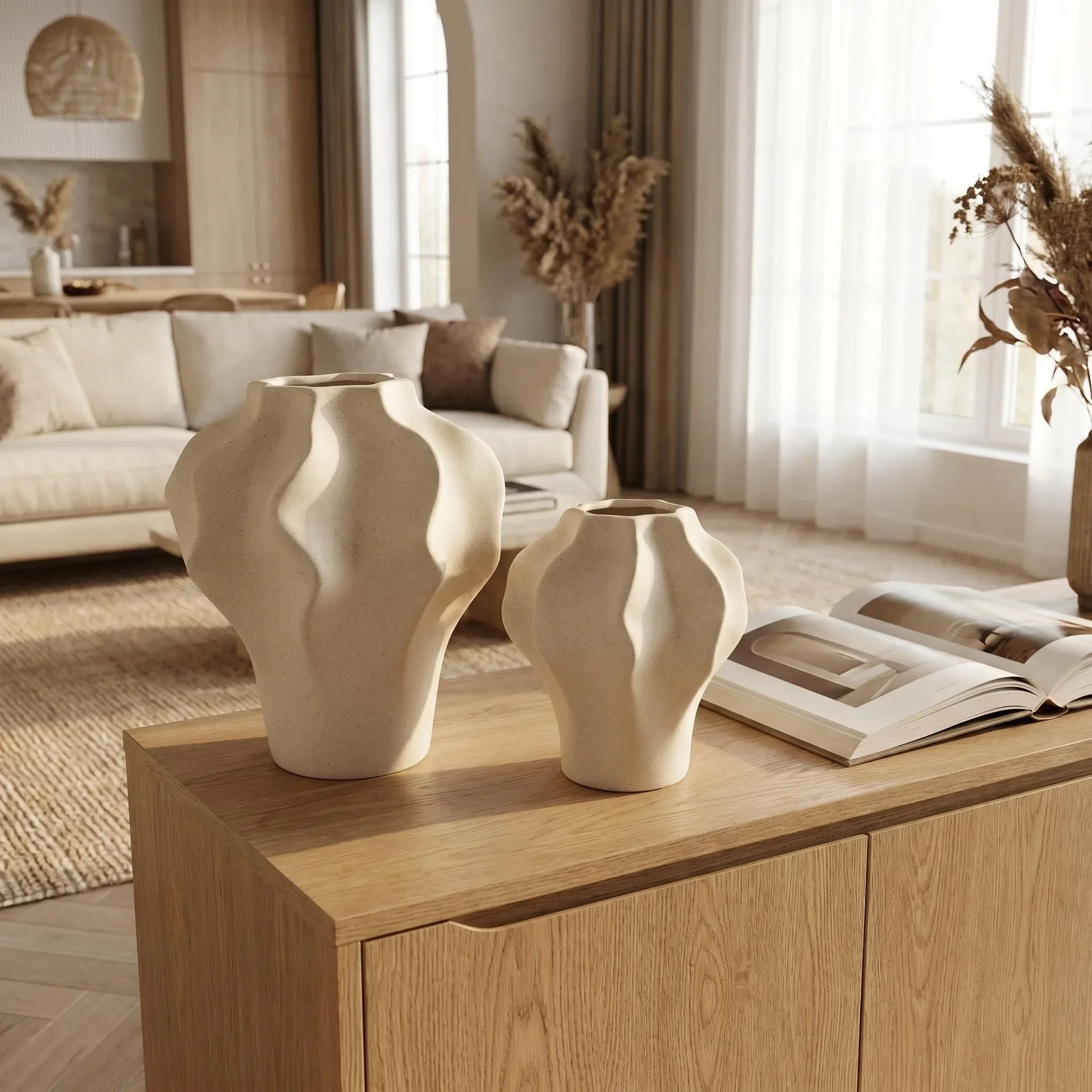 Beige Ceramic Vase Handmade Ceramic Jar Three-dimensional Pleated Flower Vases Flowerpot Home Decoration Accessories