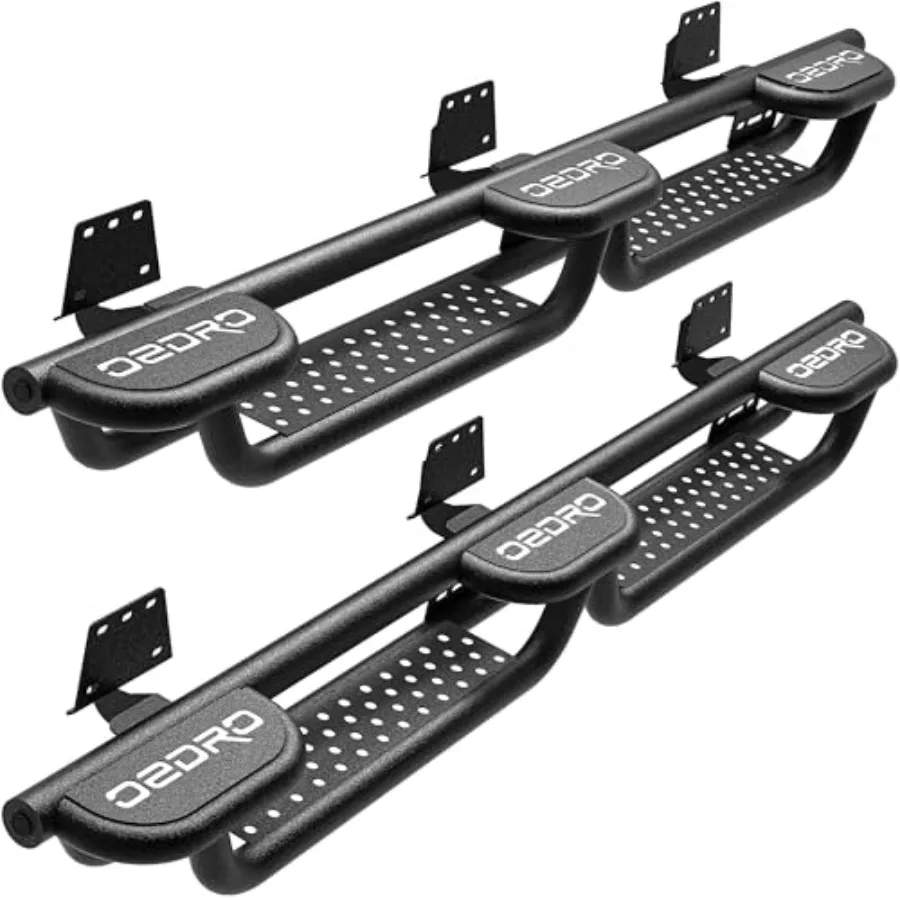 

Running Boards for 2019-2026 Dodge Ram 1500 Crew Cab, Bed Access Side Steps, Two-Tier Nerf Bars, Black Powder-Coated Steel