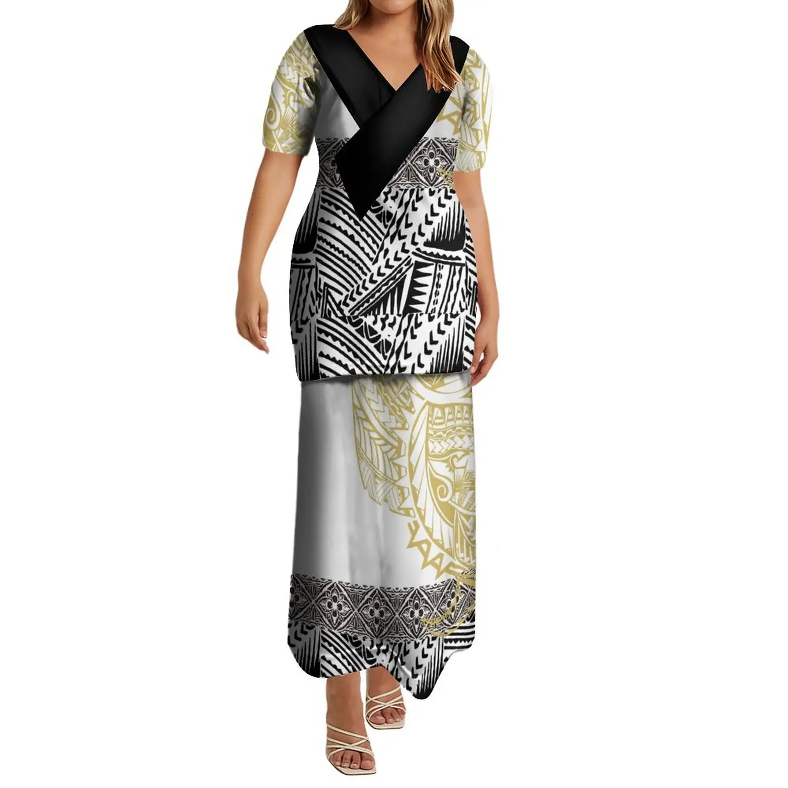 Custom Women'S Short-Sleeved Dress Polynesian Tribal Design Pattern Puletasi Ethnic Dress Two-Piece 