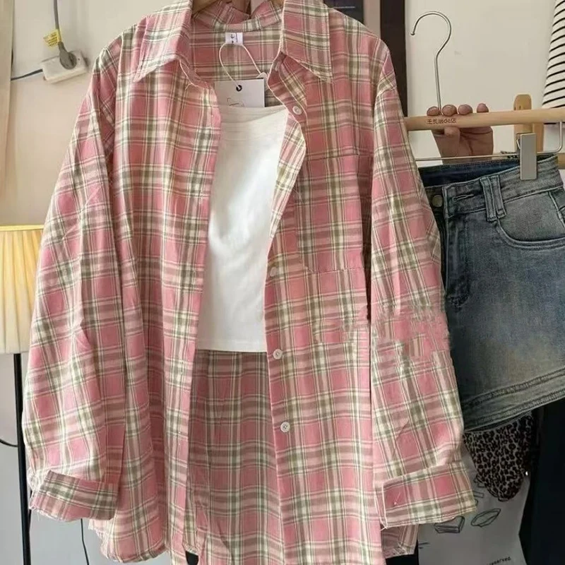 Korean Fashion Pink Plaid Shirts Women Turn Down Collar Long Sleeve Steetwear Blouse Woman Spring Summer Thin Shirt Jacket Mujer