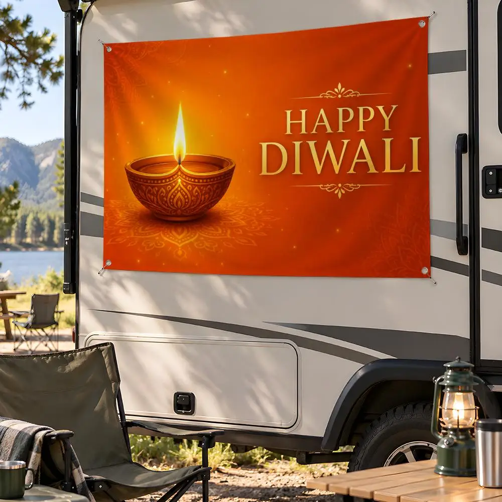 Holiday Diwali Golden Diya Flags Fan Flag Banner Wall Hanging Outdoor Yard Camping Dorm Garage Party Home Decor Gift