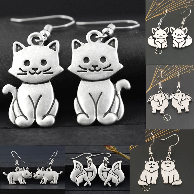 Funny Cute Simple Cat  Fox Rhino Animal Drop Dangle Earrings For Women Retro Jewelry Fashion Korean Trendy Long Earring 2024