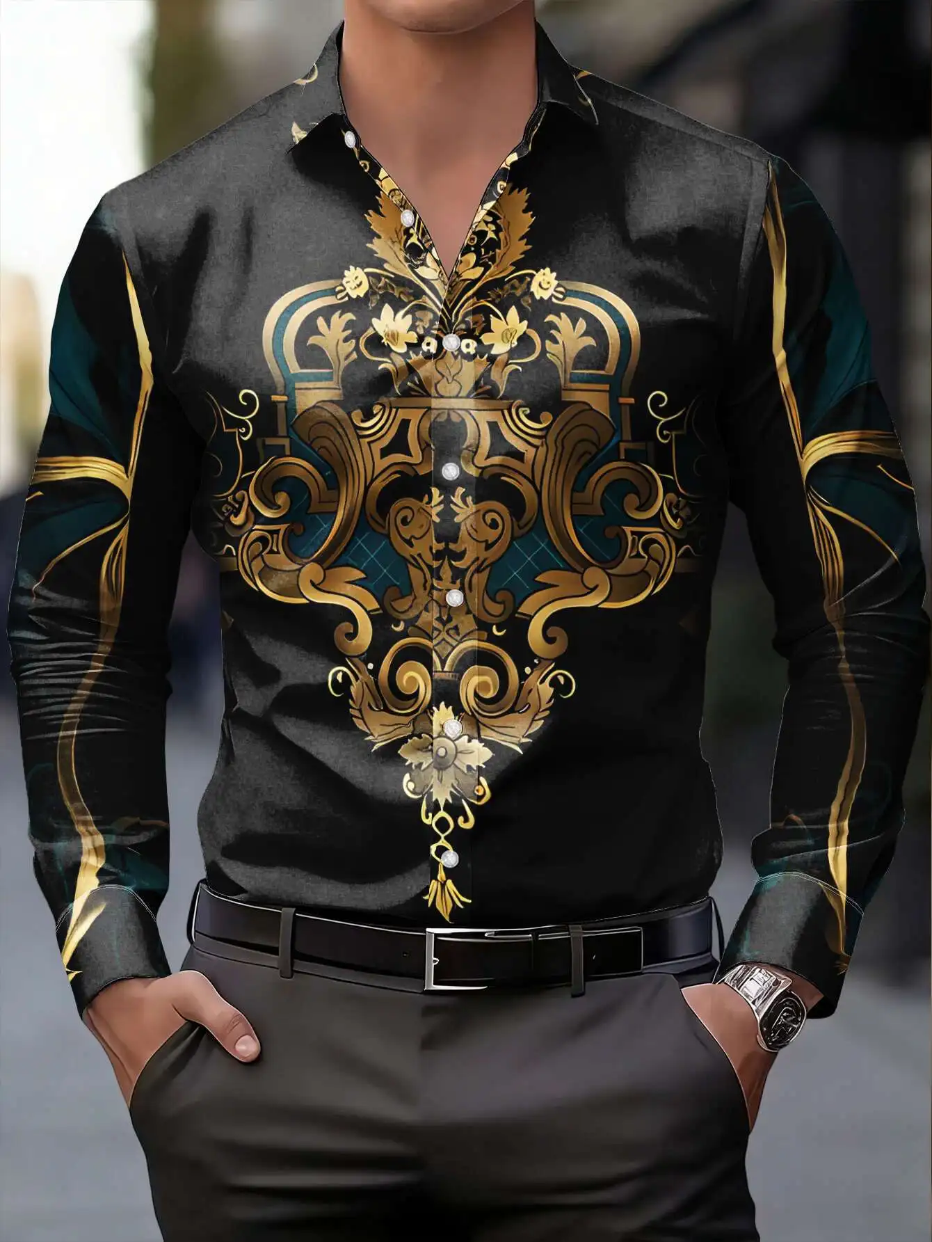 Men Long-Sleeve Button-Down Shirt Black Golden Baroque Ornament Print Polyester Lapel Collar Party Top