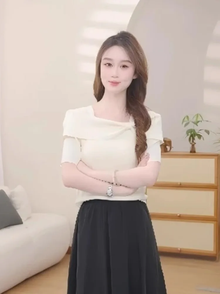 

Chic Knot Design ort Sve Knitted Sweater Netie Sli Slimming Color Base Top for Younger Looking Summer Faion