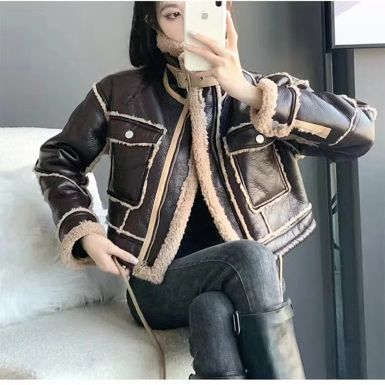 Faux Fur Leather Short Jacket Women Wool Coat Winter Thick Motorcycle Jackets Female Vintage Lambswool Loose Outerwear