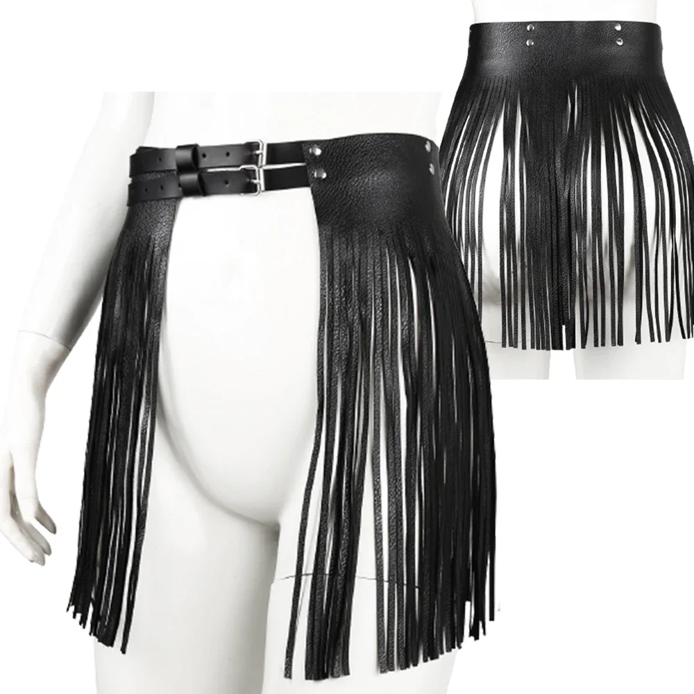 Women Sexy Adjustable Belt Tassels Leather Skirt Halloween Cosplay Party Leather Bdsm Lingerie Punk Gothic Skirt Fetish Clothing