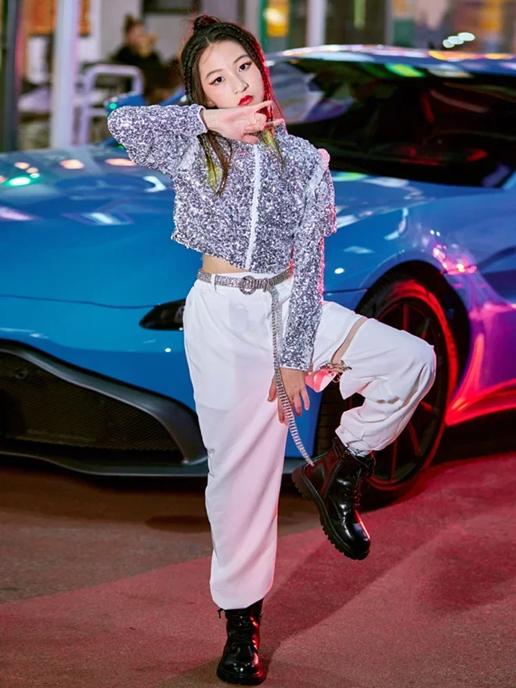 Roupa infantil de performance de dança de rua jazz nova primavera/verão lantejoulas hip hop conjunto de fantasia legal para meninas