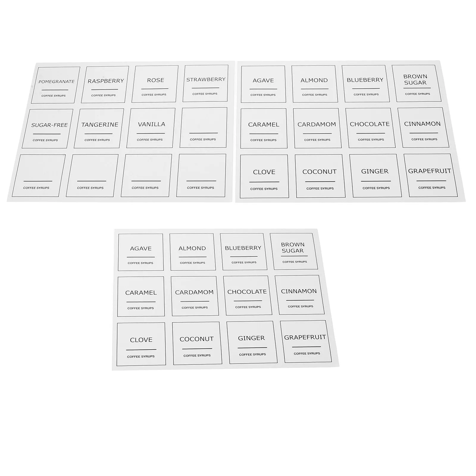 3Sheets Coffee Syrup Labels Waterproof PVC Plastic Decals for Coffee Bottles Jars Containers Kitchen Food Storage Labeling