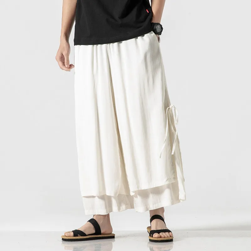 

Summer Traditional Chinese Skirt Bottoms Men Loose Wide Leg Pants Women Chinese Style Pants Double Layer Draping Hanfu Trousers