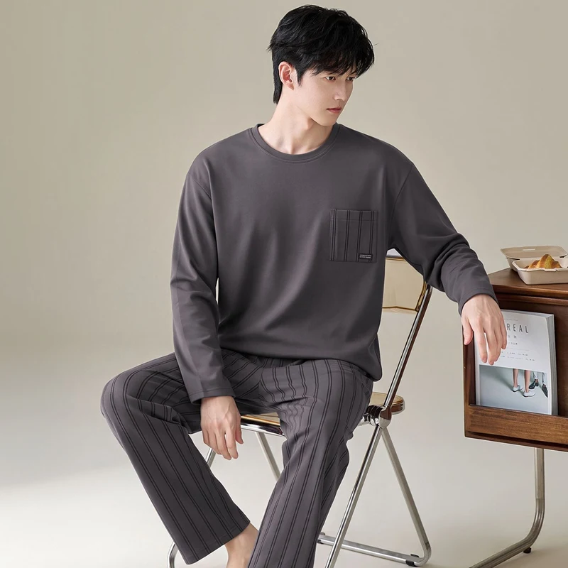 2026 Autumn Long Sleeve 100% Cotton Casual Striped Pajama Sets for Men Korean Loose Sleepwear Pyjama Male Homewear Home Clothes